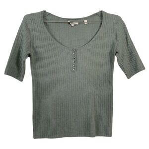Vince Sweater Womens Medium Green Ribbed Cashmere Scoop Neck Henley Short Sleeve